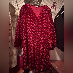 Red V-Neck Bishop Sleeve Cocktail Dress
